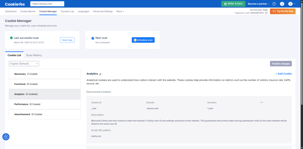 CookieYes в WordPress с настройки на банера и управление на категориите - wirava.com